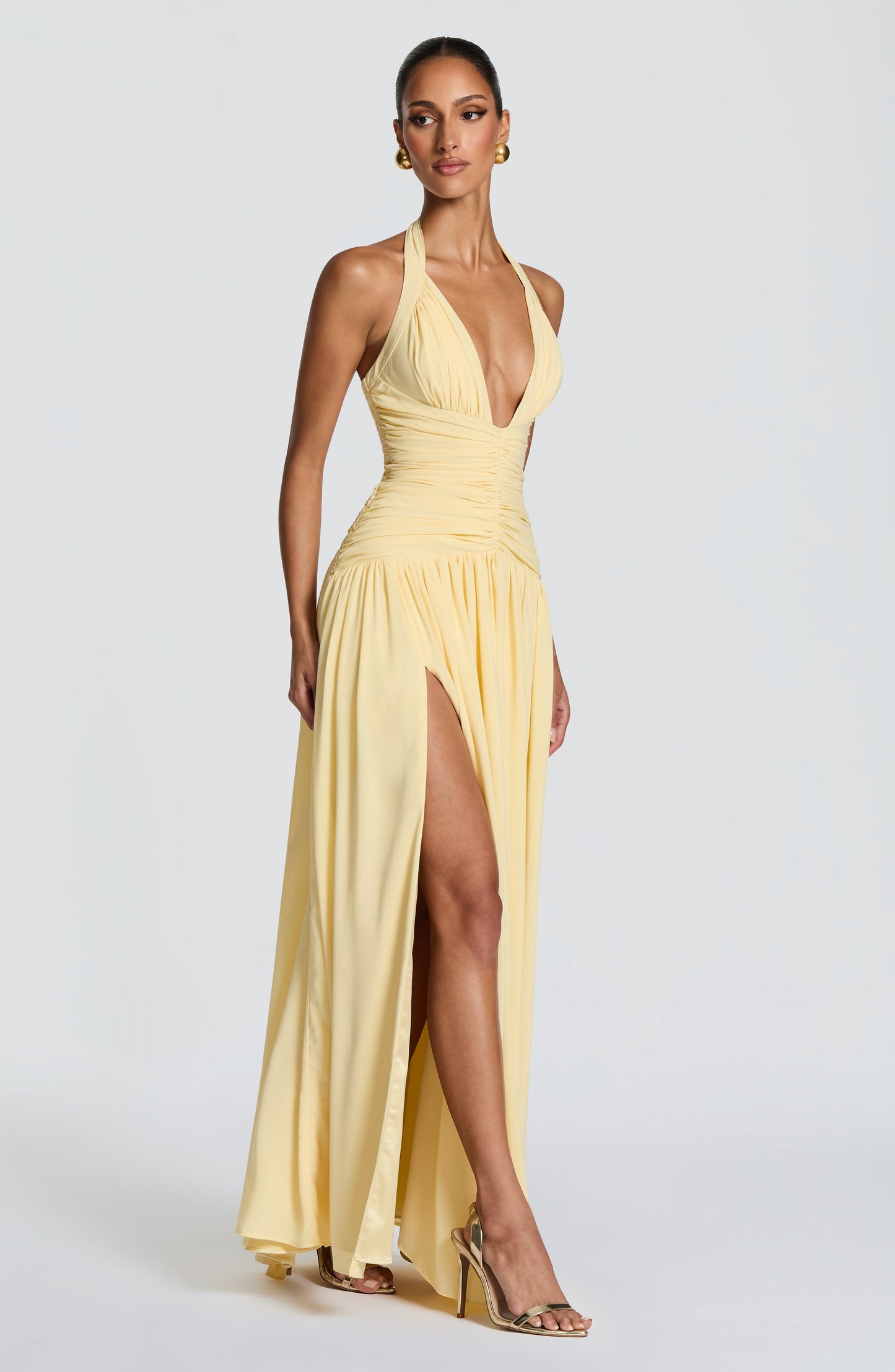 Women's yellow talia halter maxi dress, back view