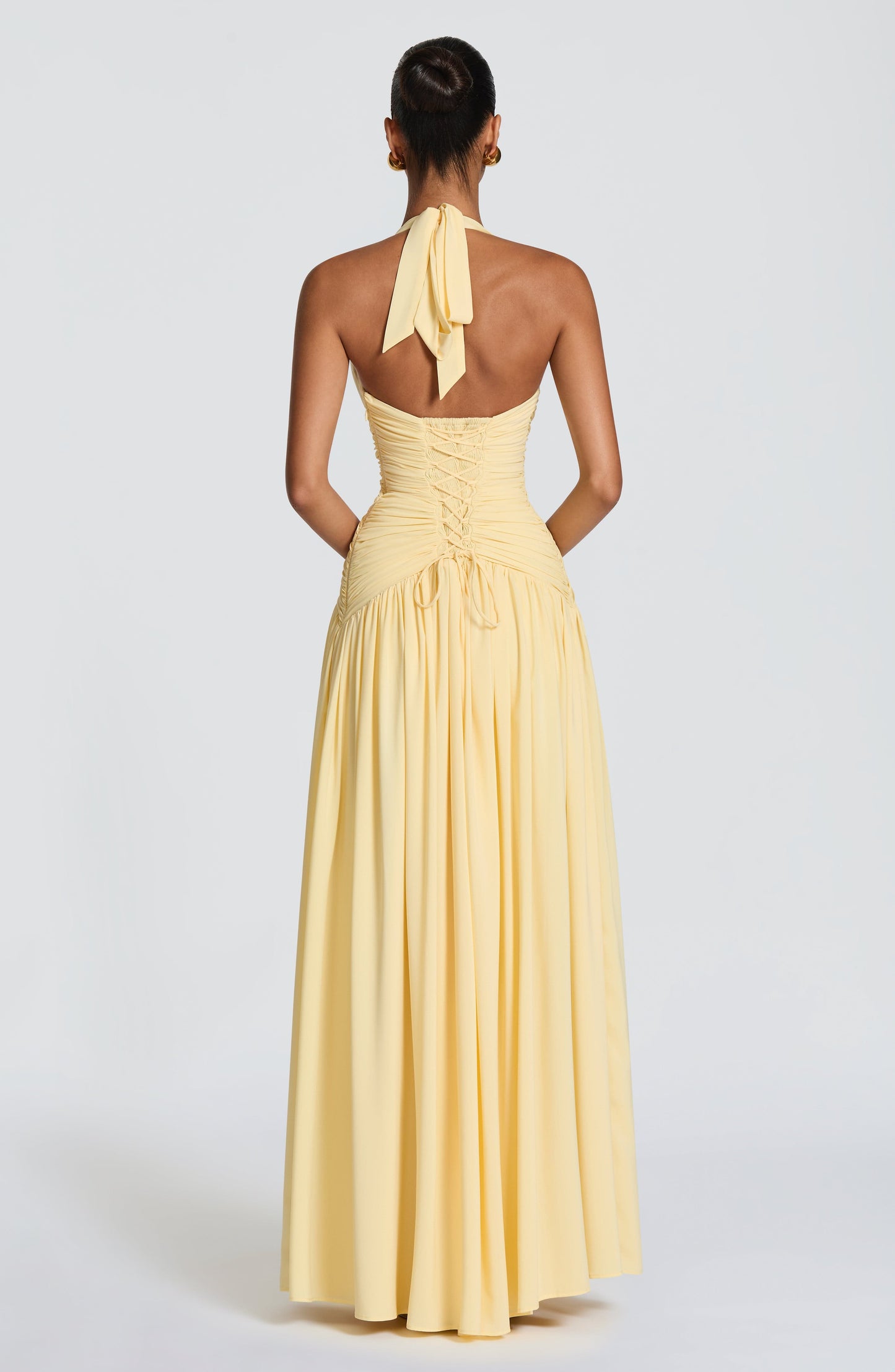 Women's yellow talia halter maxi dress, side view