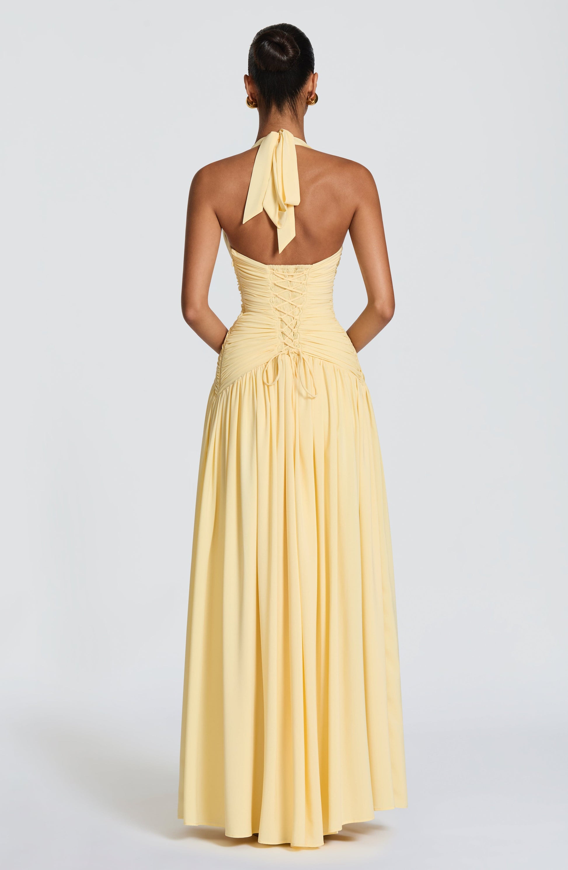 Women's yellow talia halter maxi dress, side view