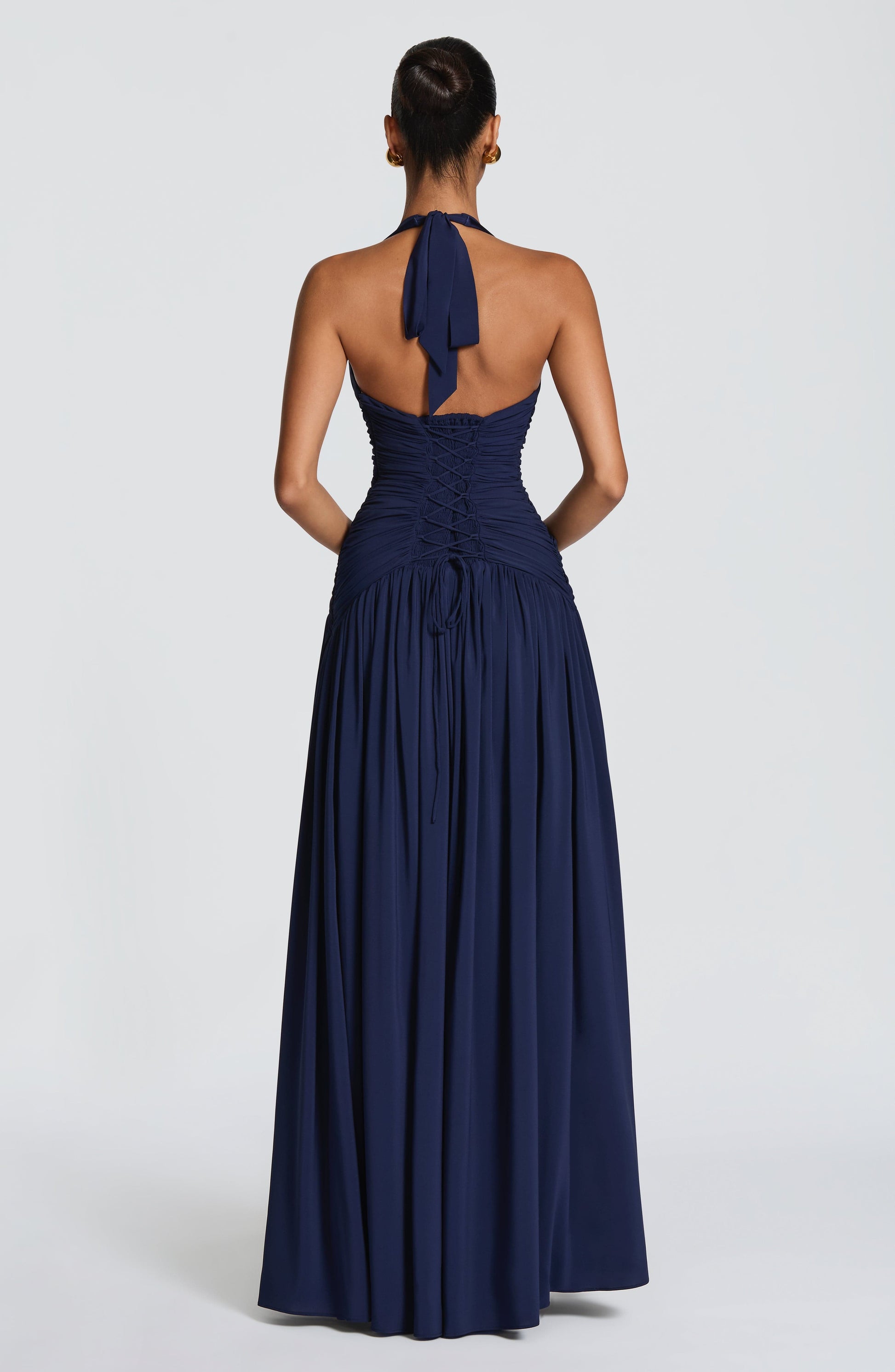 Women's navy talia halter maxi dress, back view