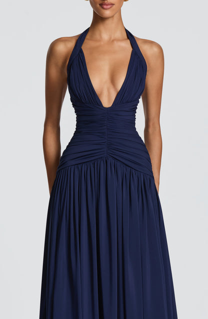Women's navy talia halter maxi dress, detail view