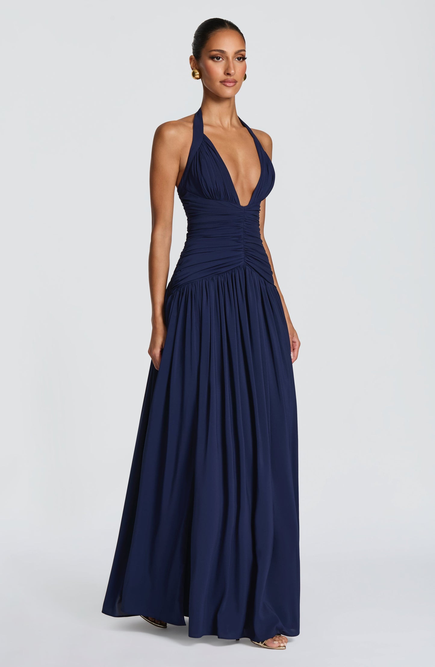 Women's navy talia halter maxi dress, styled view
