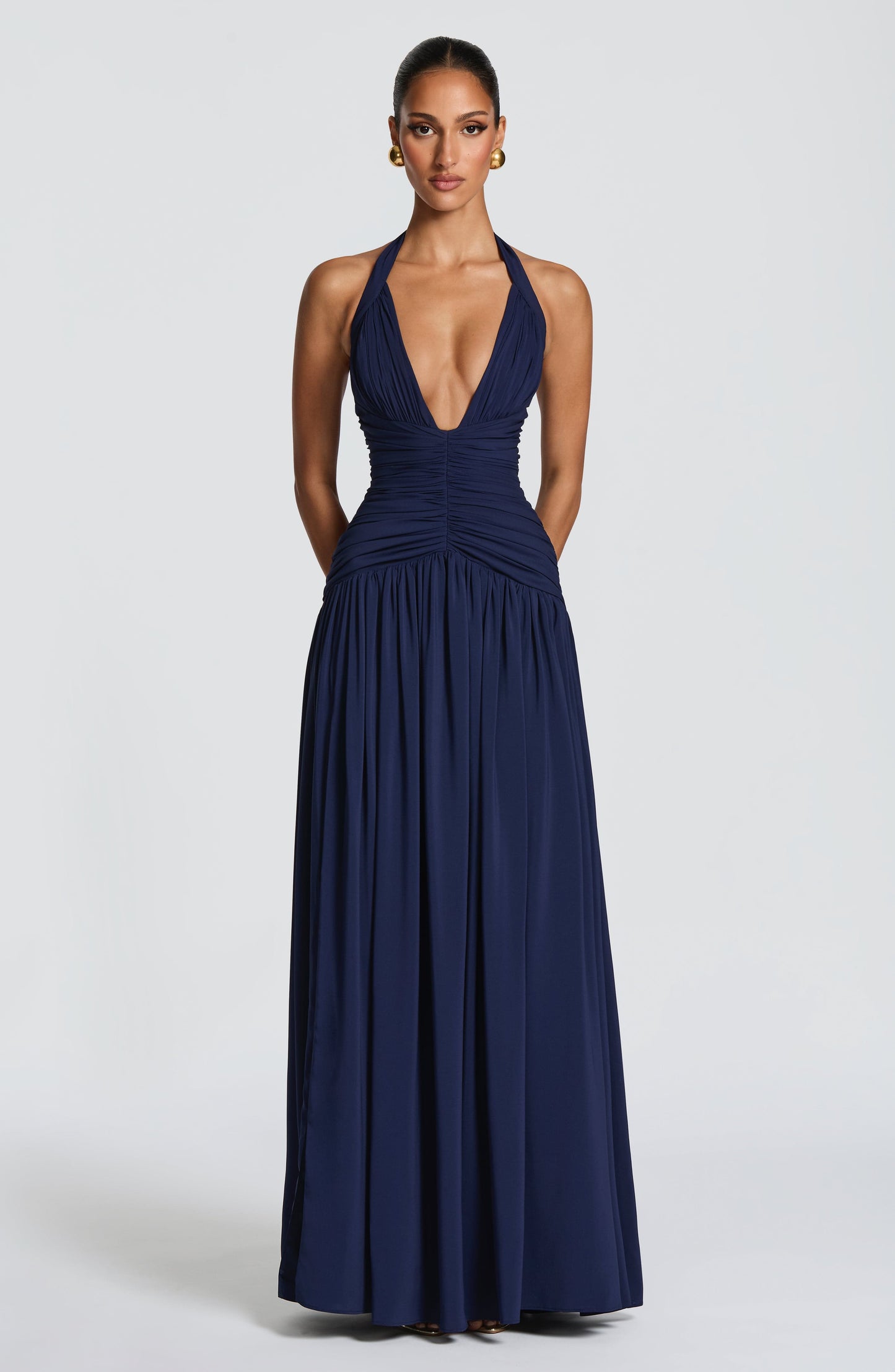Women's navy talia halter maxi dress, close up