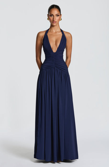 Women's navy talia halter maxi dress, close up