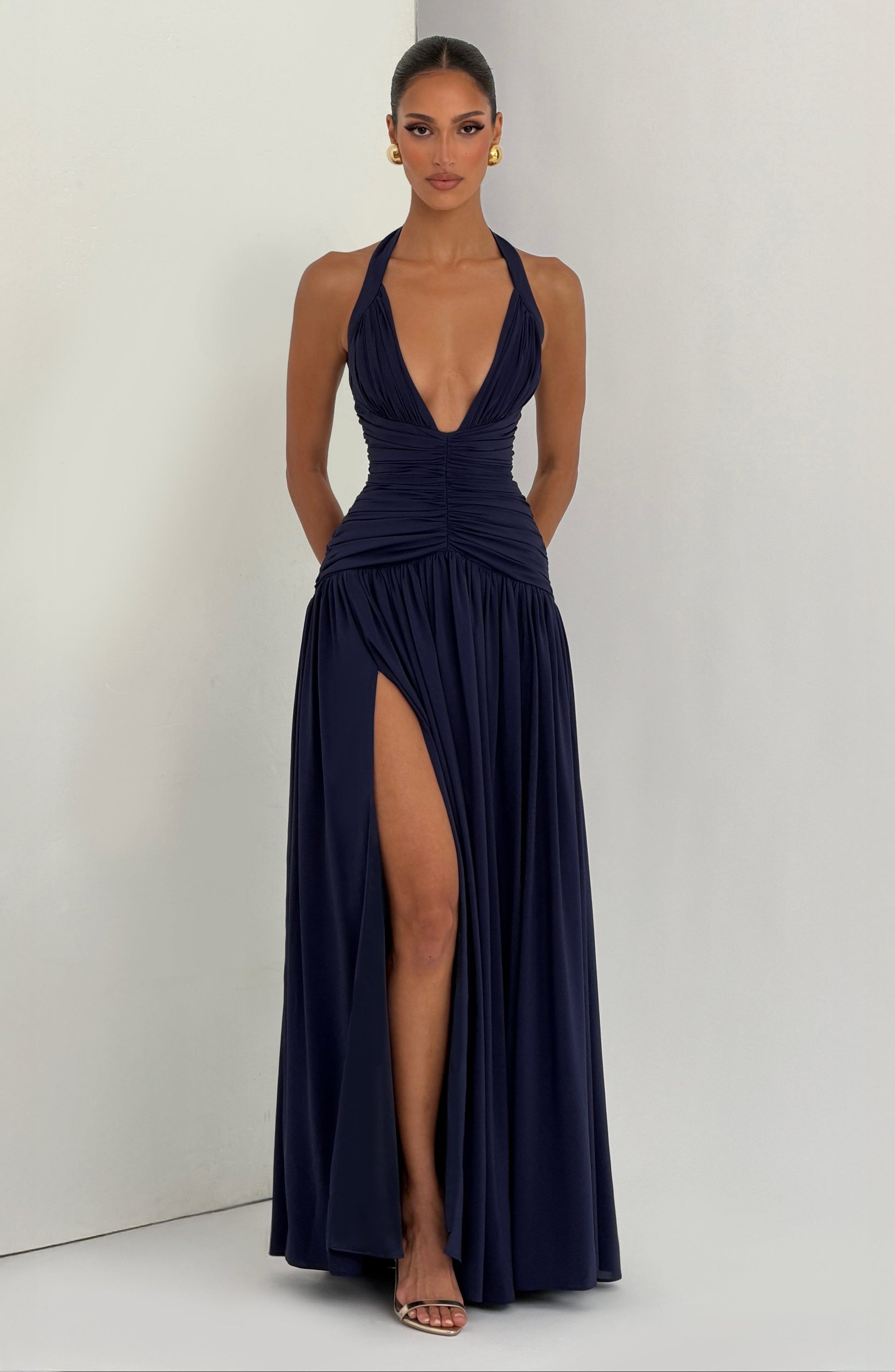 Women's navy talia halter maxi dress, full length view