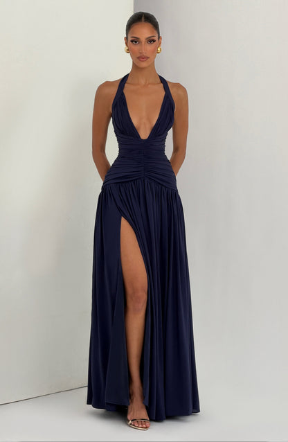 Women's navy talia halter maxi dress, full length view