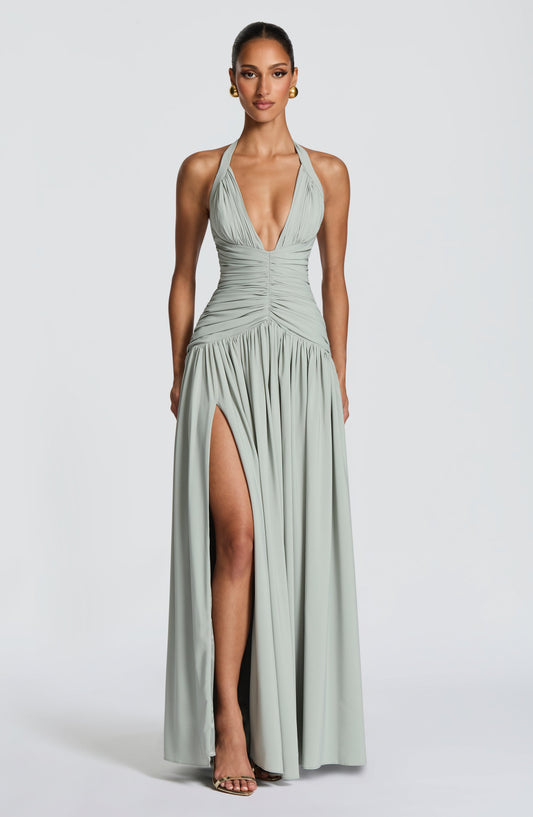 Women's sage green talia halter maxi dress, front view