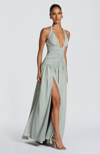 Women's sage green talia halter maxi dress, back view