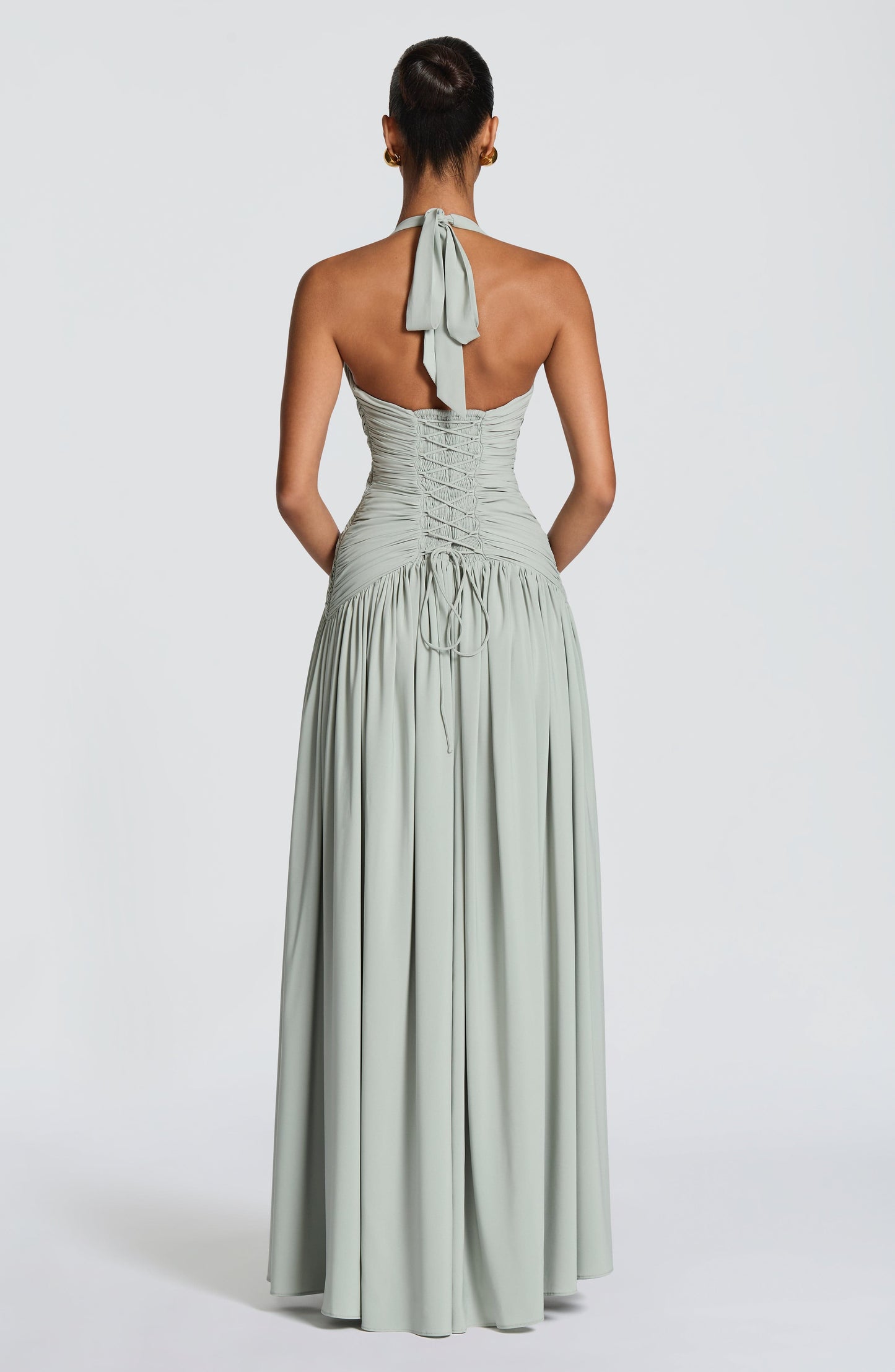 Women's sage green talia halter maxi dress, side view