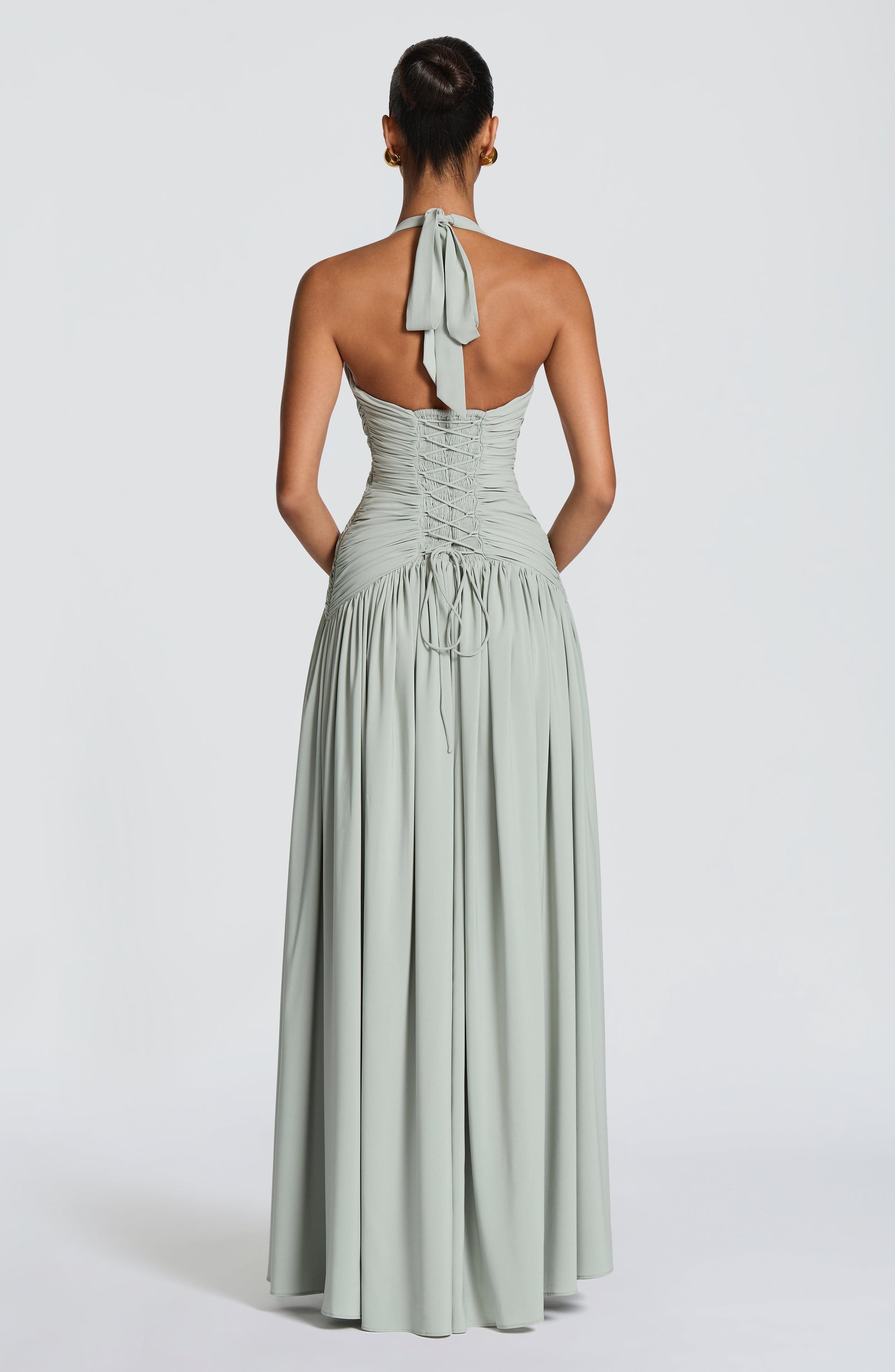 Women's sage green talia halter maxi dress, side view