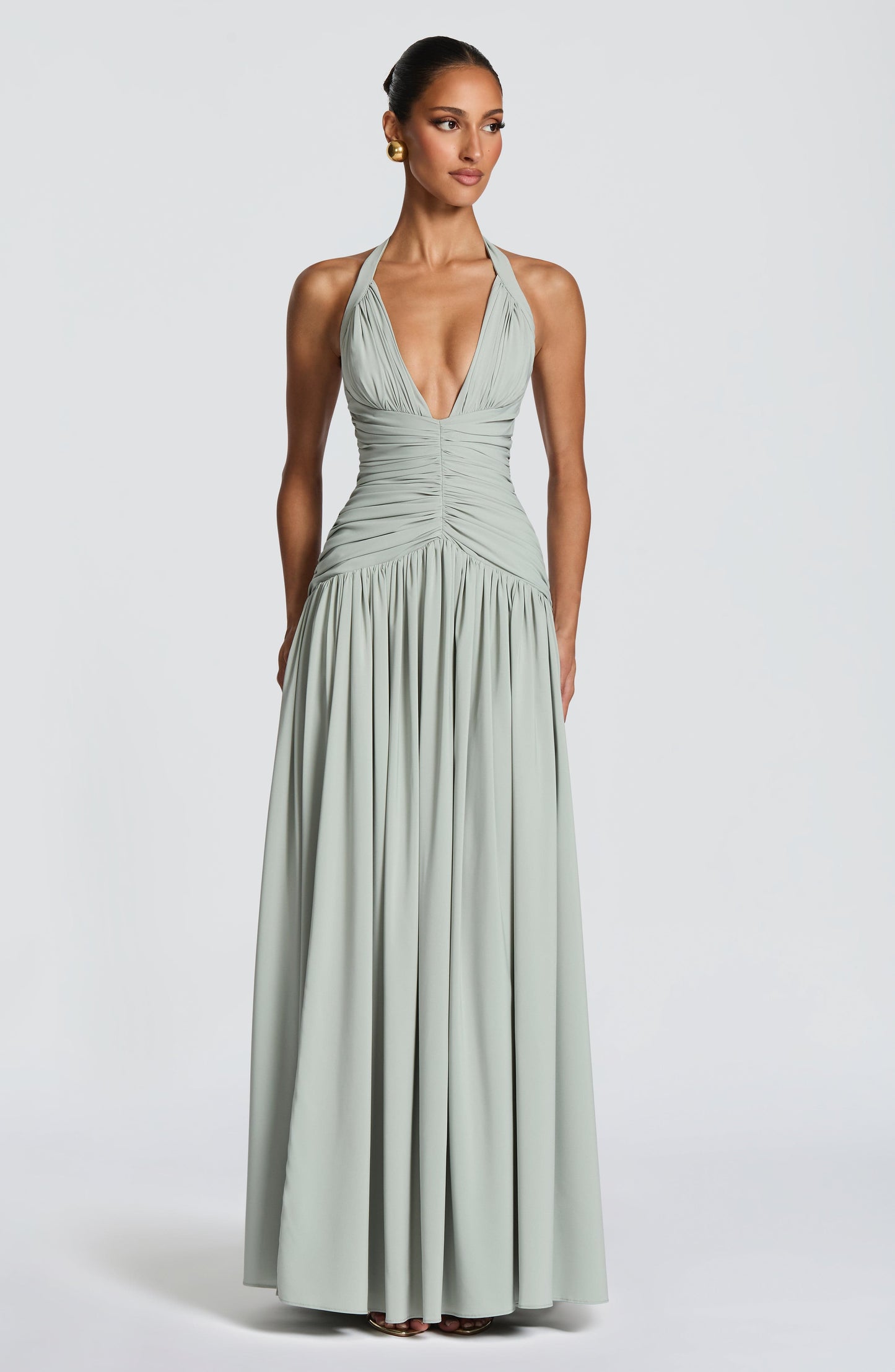 Women's sage green talia halter maxi dress, detail view