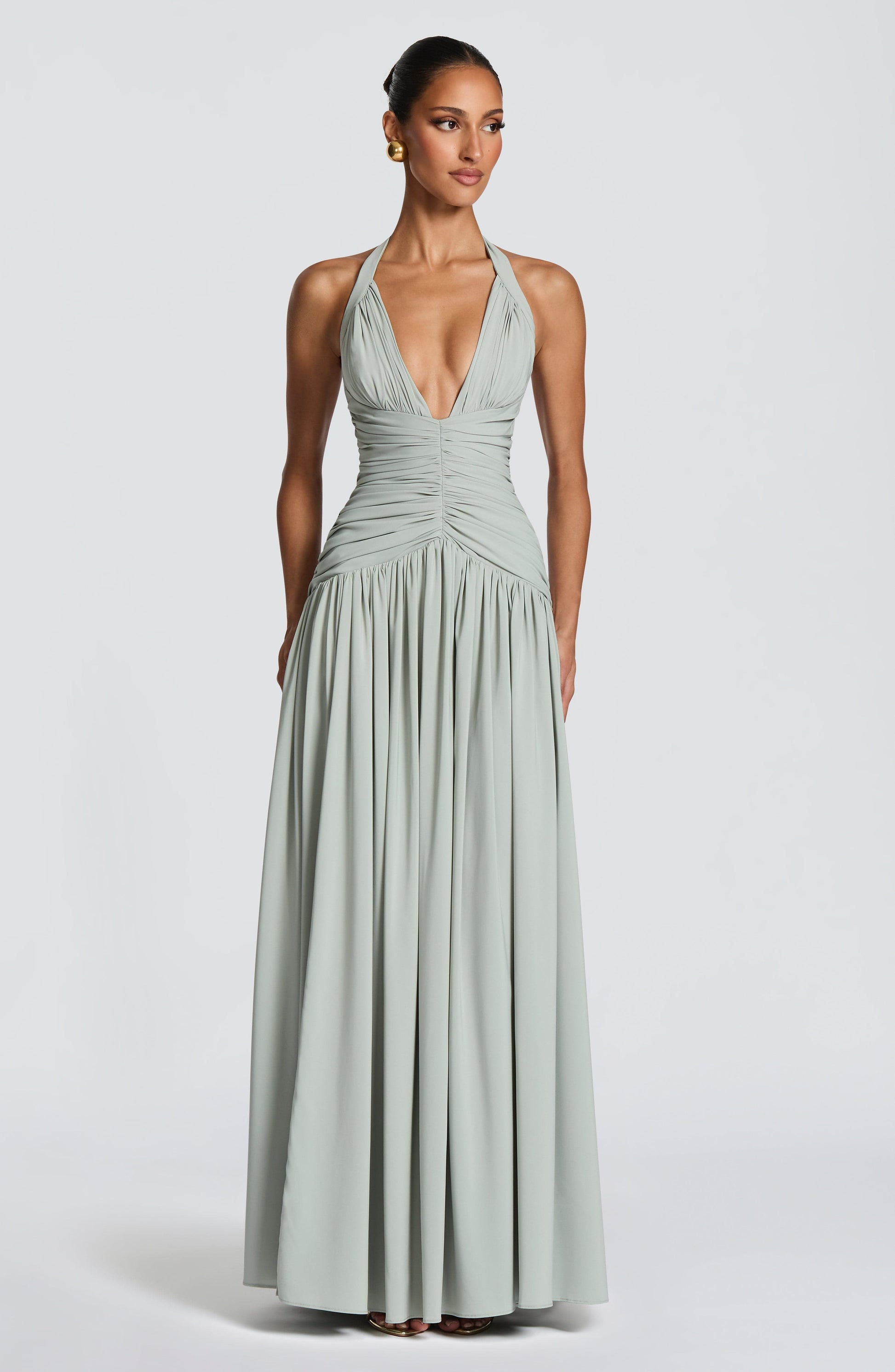 Women's sage green talia halter maxi dress, detail view