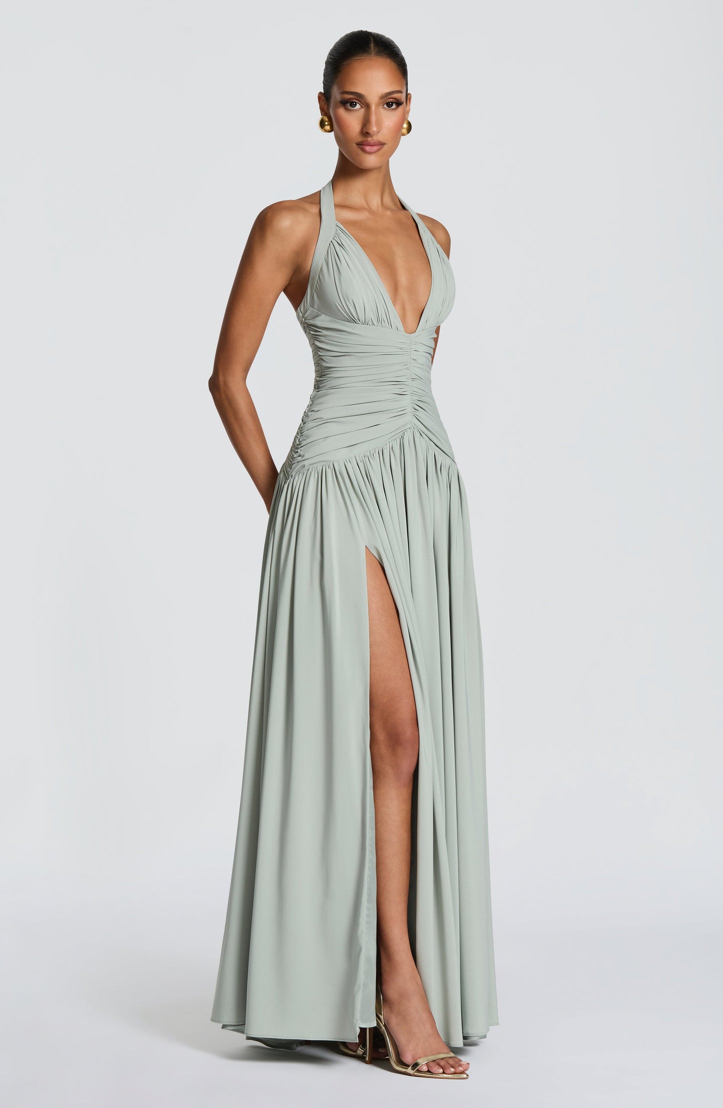 Women's sage green talia halter maxi dress, close up