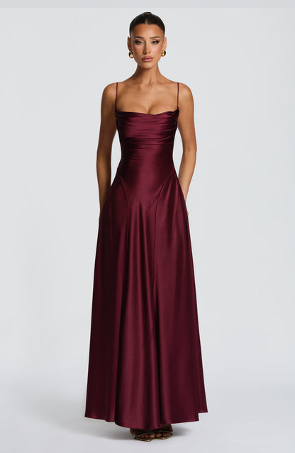 Women's red wren cowl maxi dress, front view