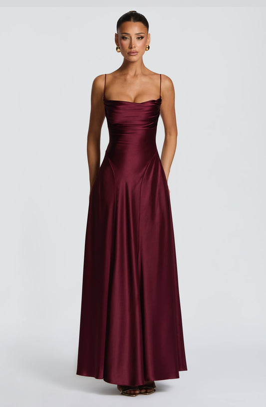 Women's red wren cowl maxi dress, front view