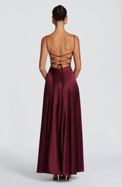 Women's red wren cowl maxi dress, back view
