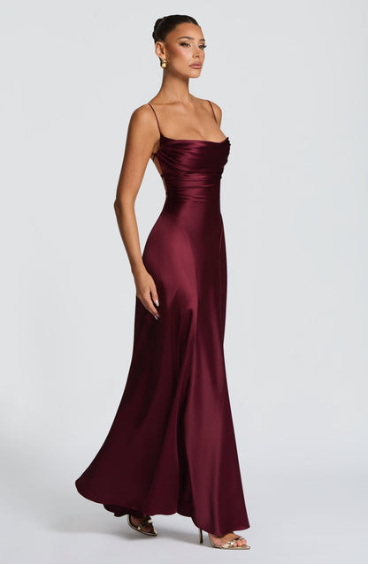 Women's red wren cowl maxi dress, side view