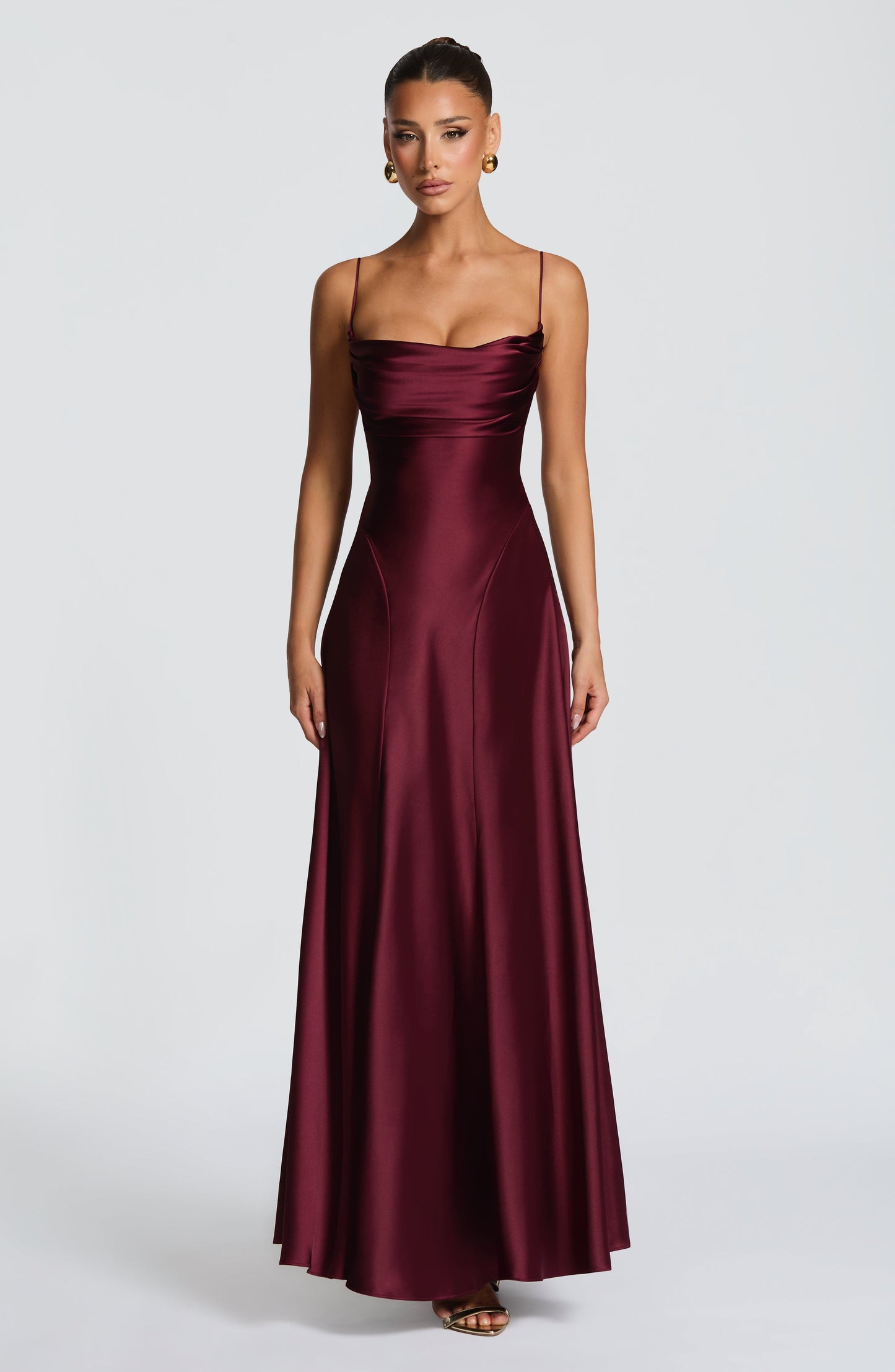 Women's red wren cowl maxi dress, detail view