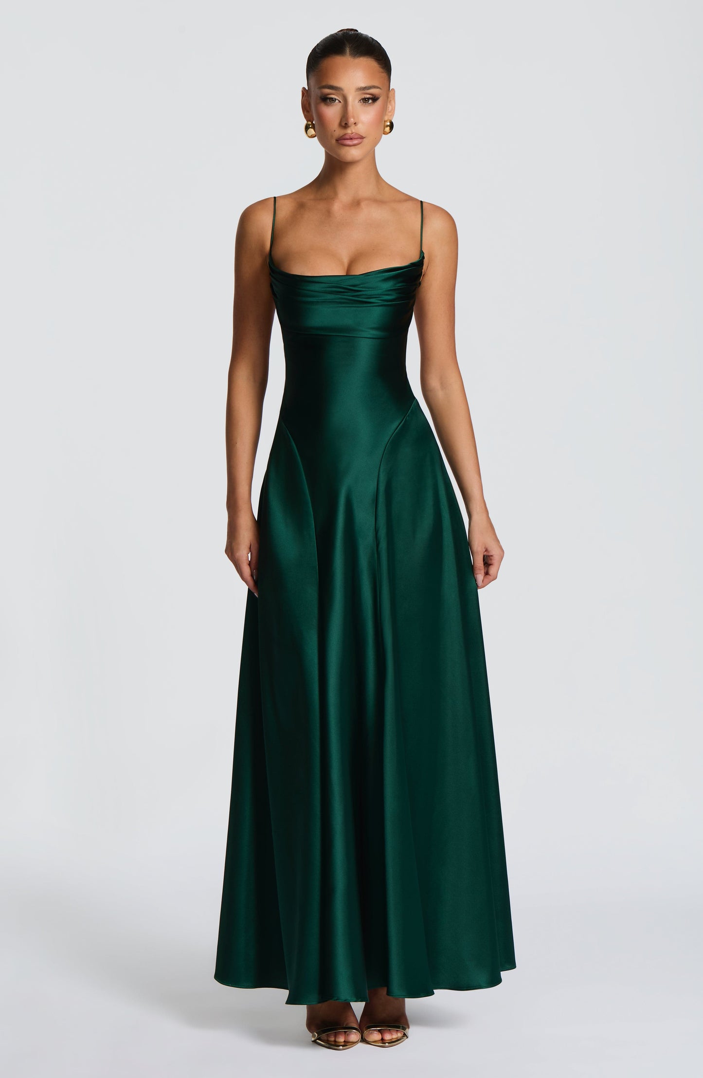 Women's forest green wren cowl maxi dress, front view