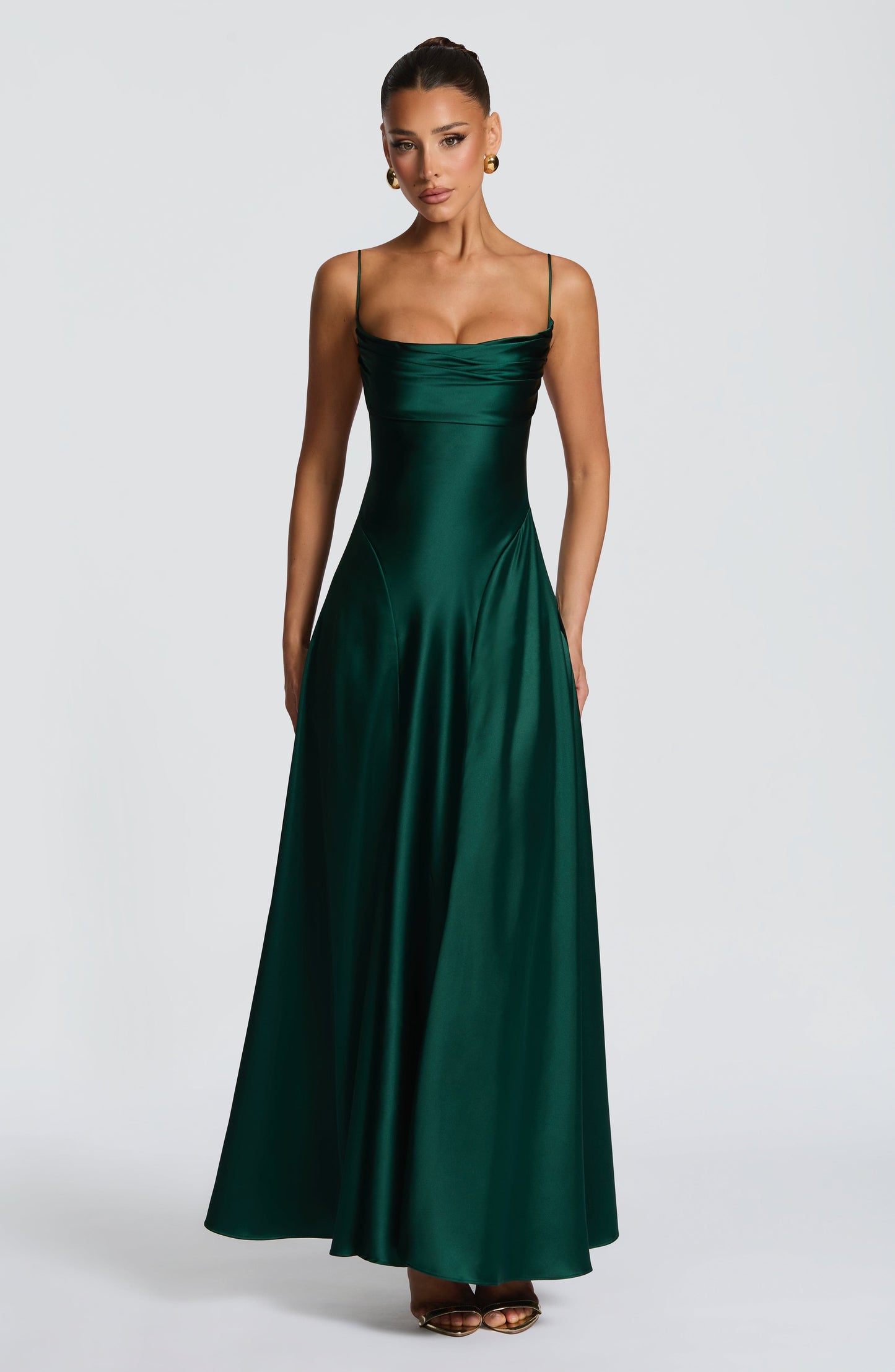 Women's forest green wren cowl maxi dress, detail view