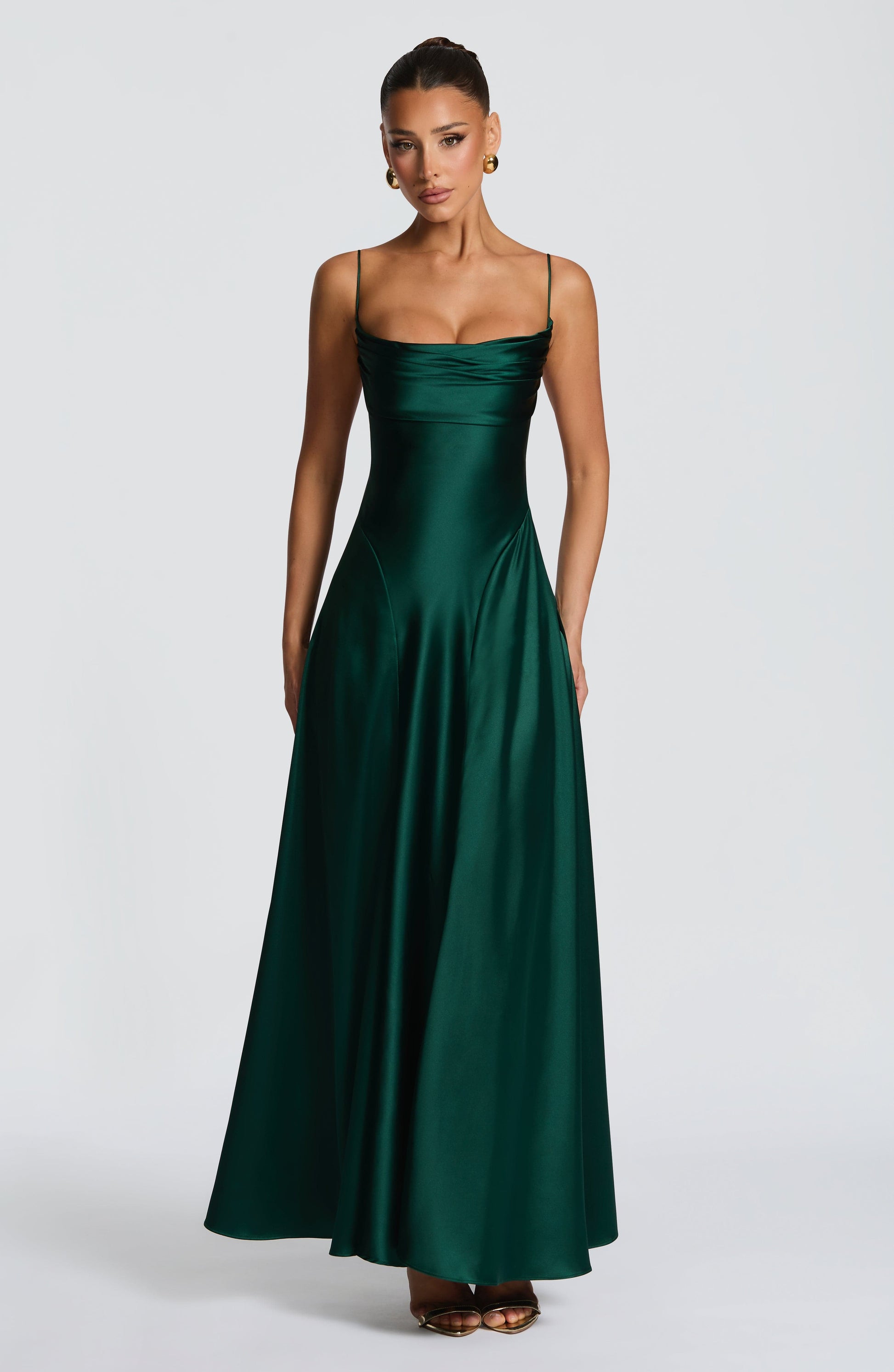Women's forest green wren cowl maxi dress, detail view