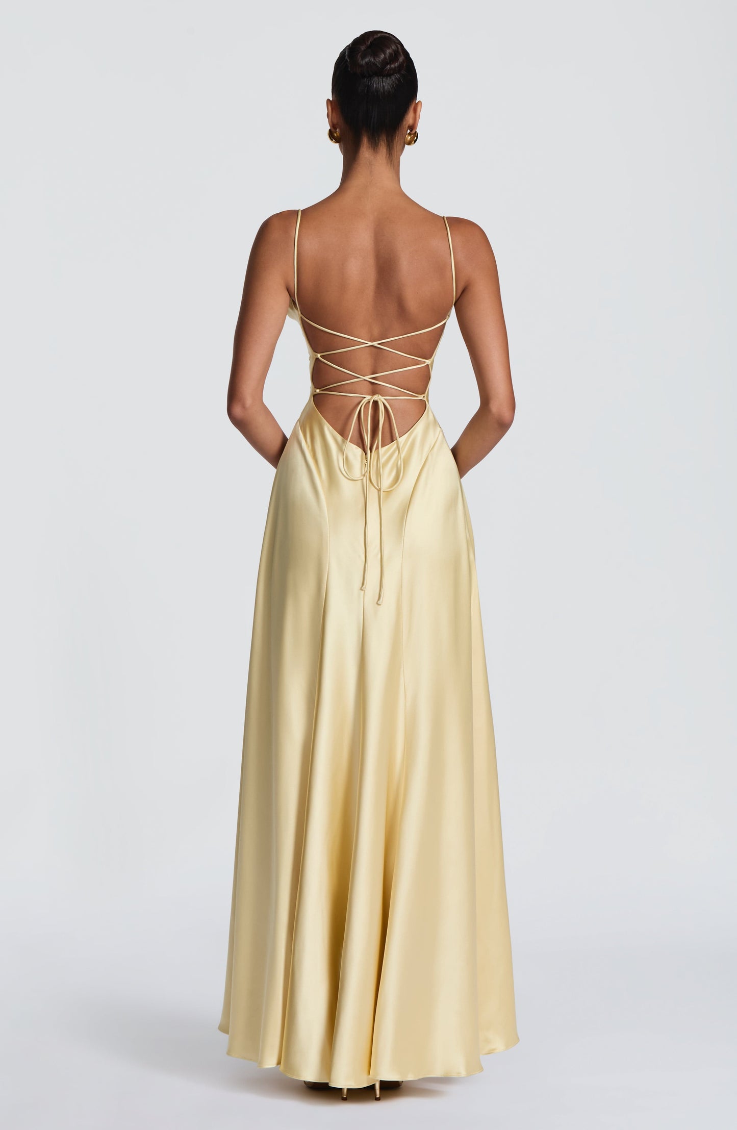 Women's yellow wren cowl maxi dress, back view