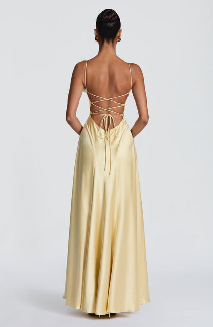 Women's yellow wren cowl maxi dress, back view