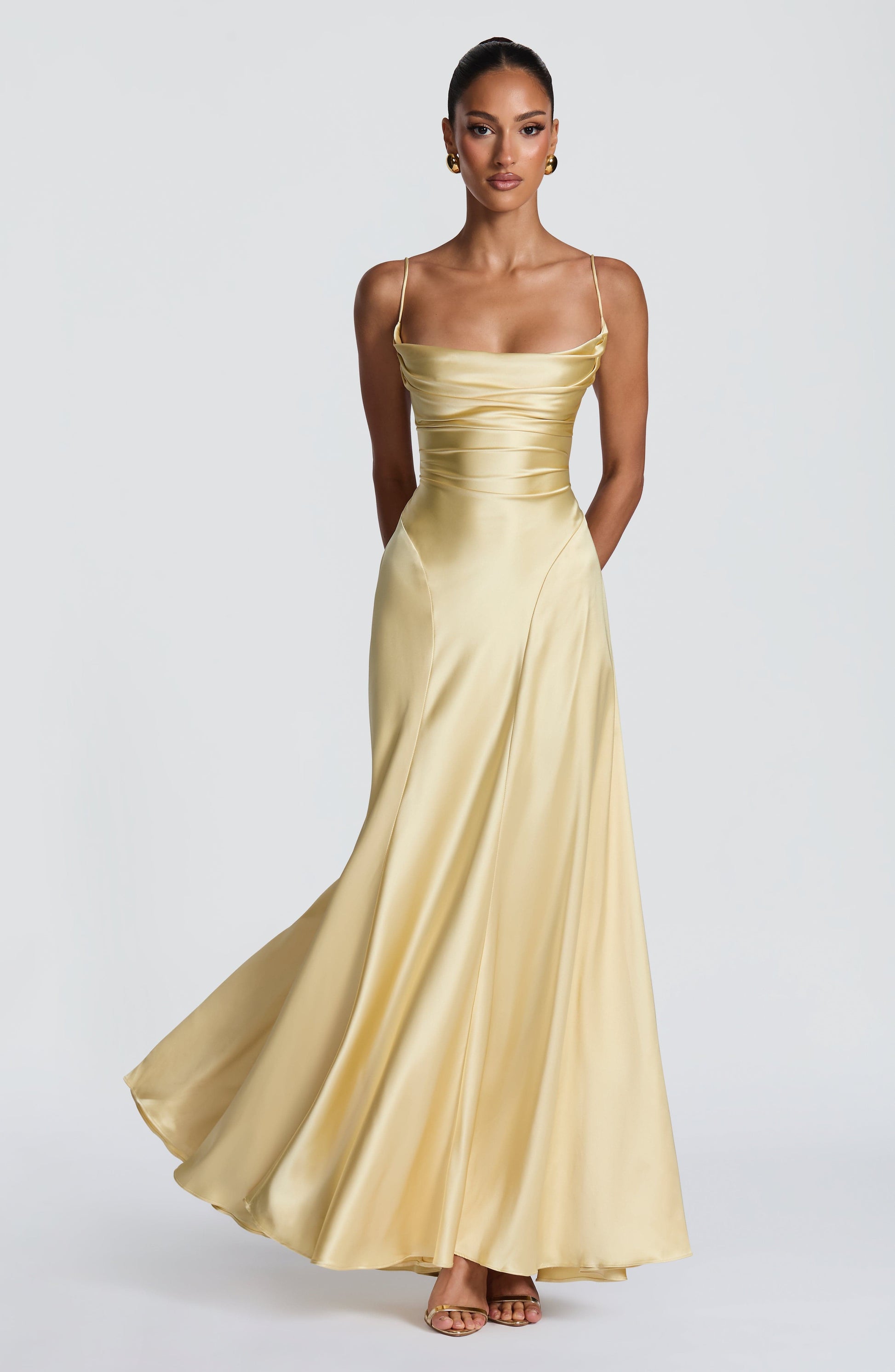 Women's yellow wren cowl maxi dress, side view