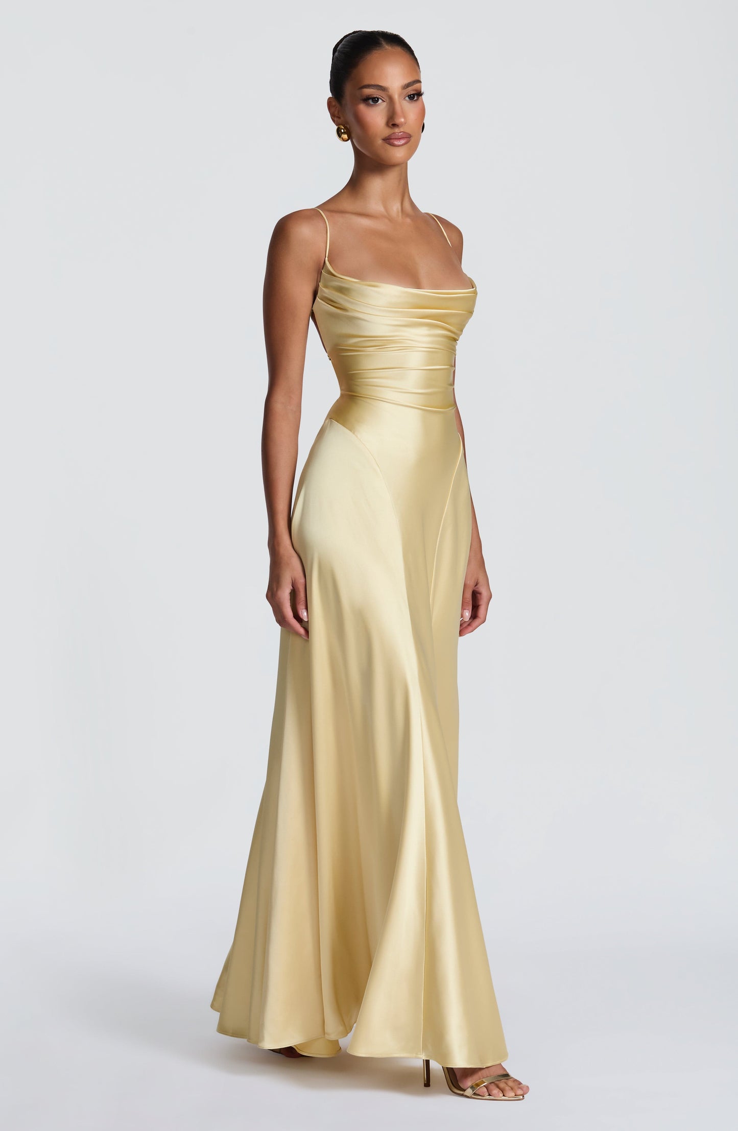 Women's yellow wren cowl maxi dress, detail view