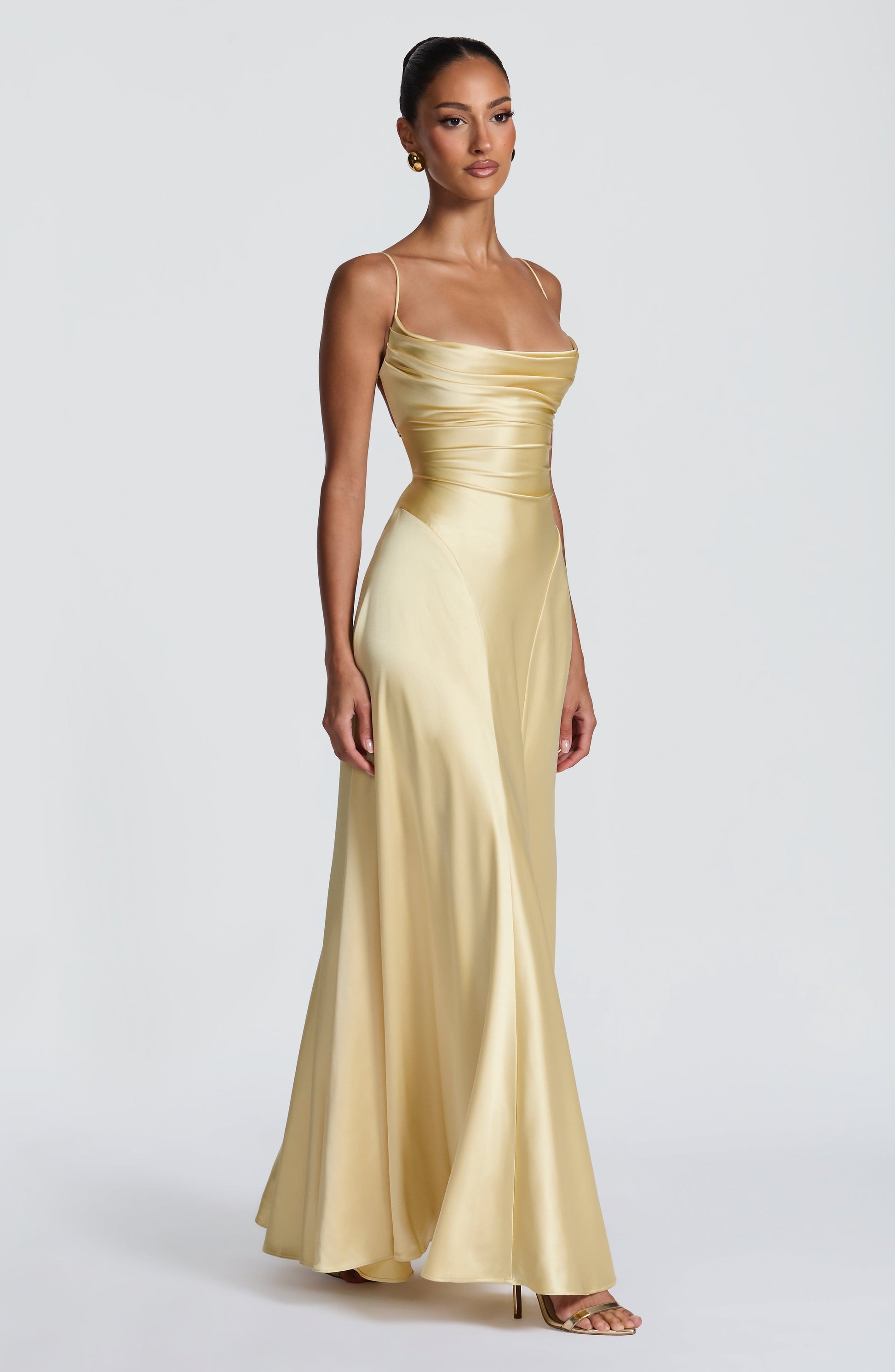 Women's yellow wren cowl maxi dress, detail view