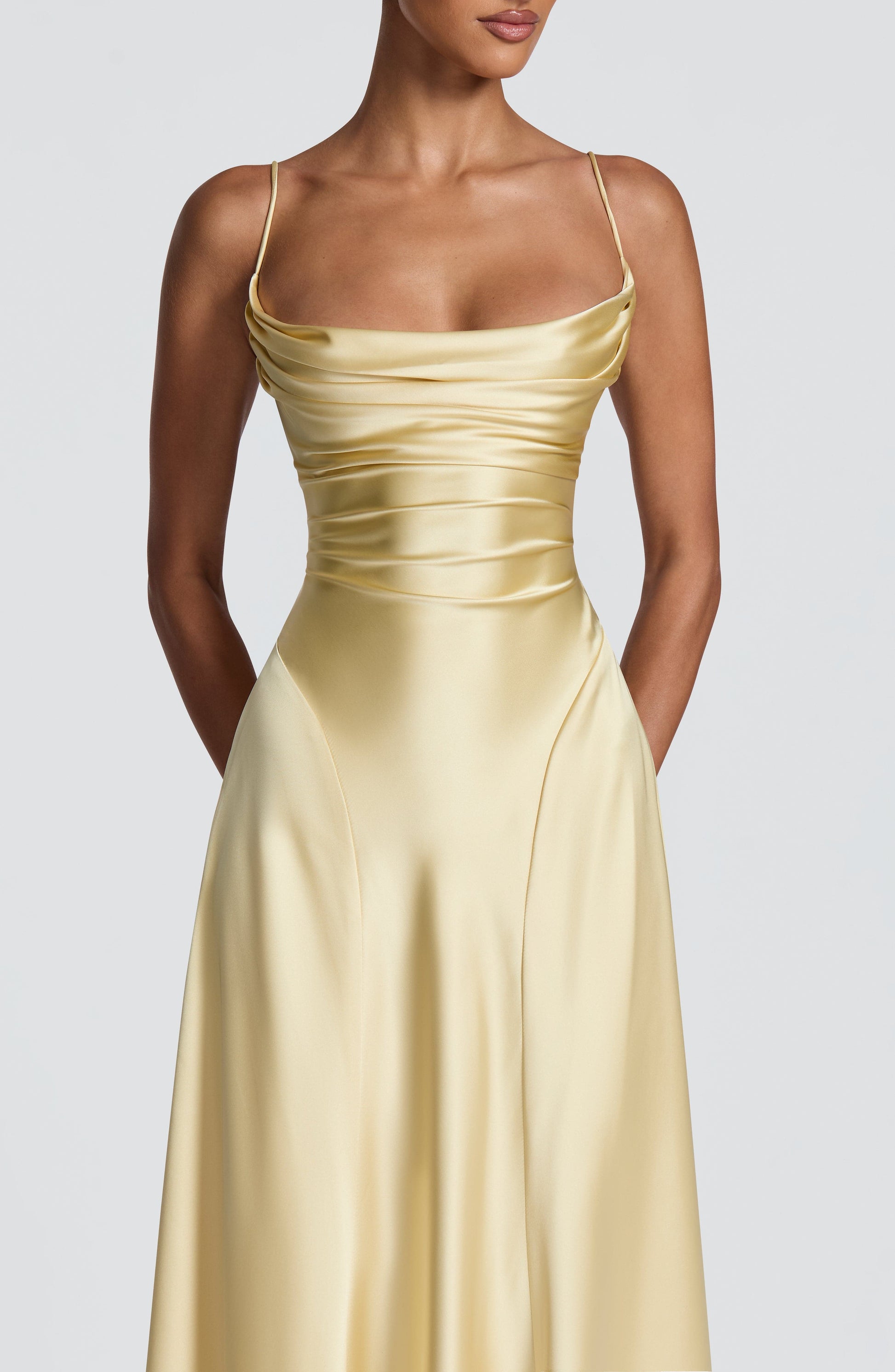 Women's yellow wren cowl maxi dress, styled view