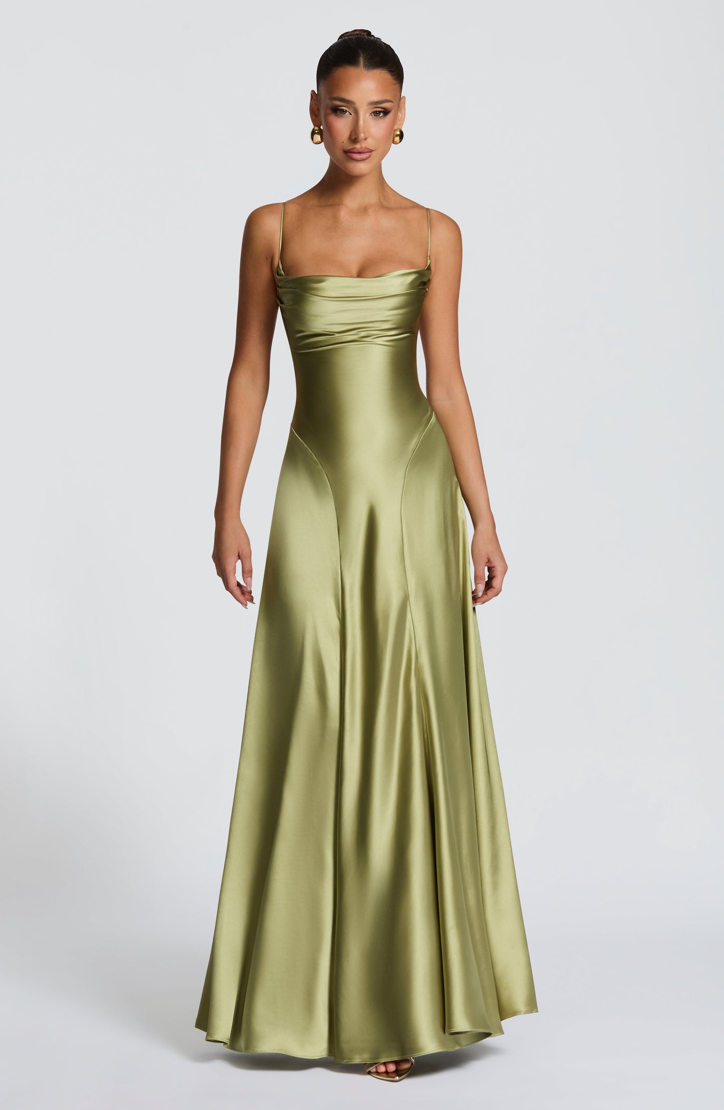 Women's olive green wren cowl maxi dress, front view