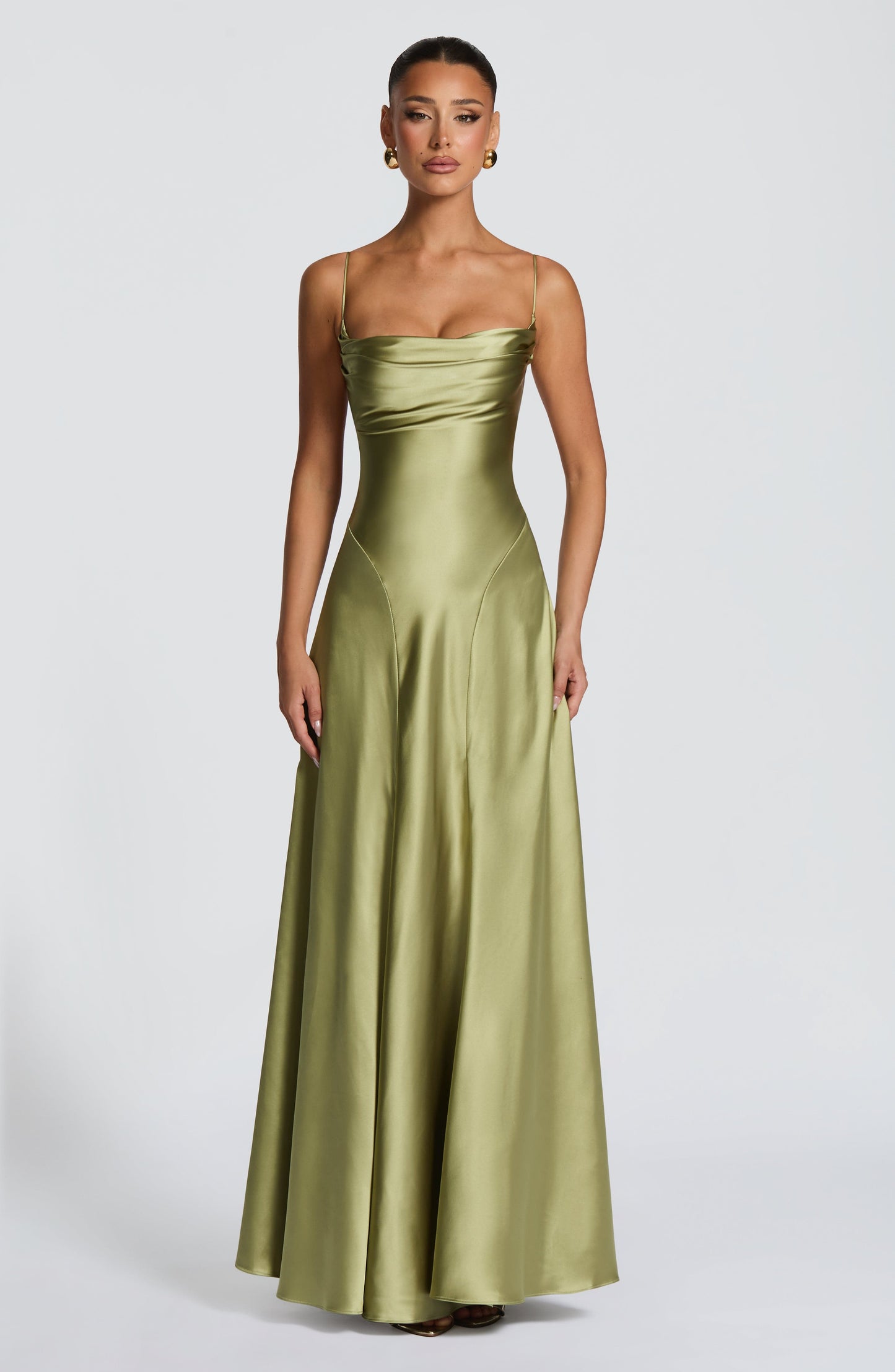 Women's olive green wren cowl maxi dress, side view