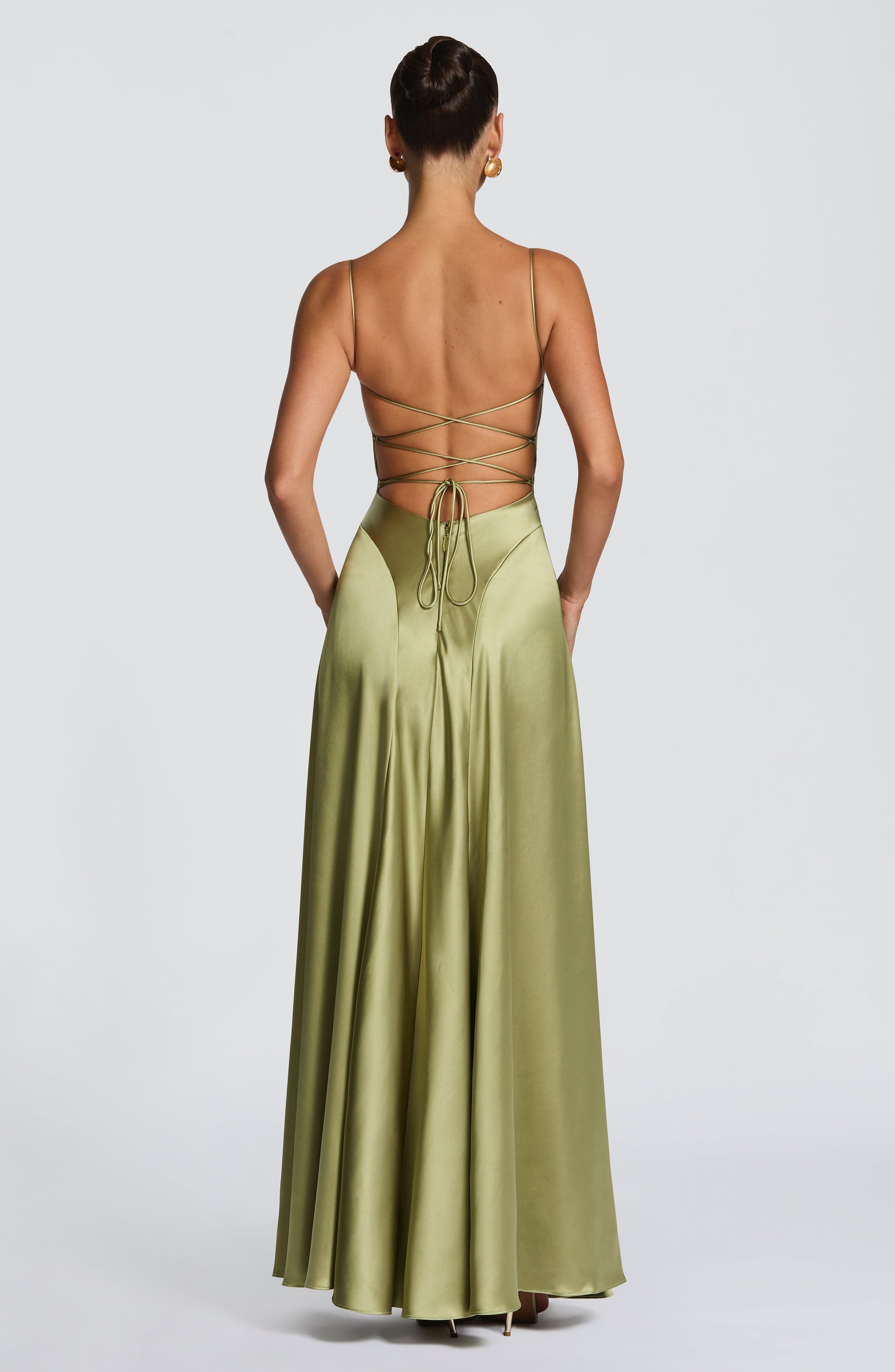 Women's olive green wren cowl maxi dress, back view