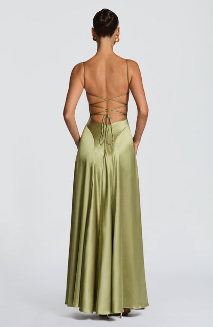 Women's olive green wren cowl maxi dress, back view