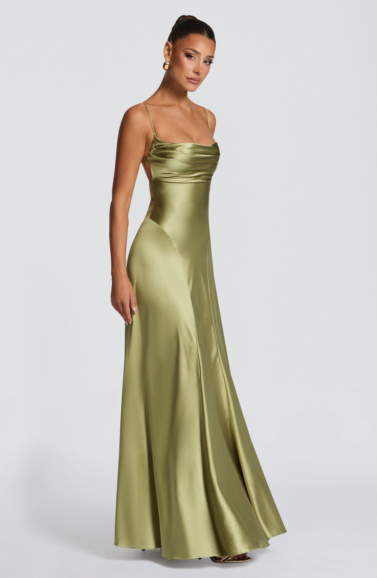Women's olive green wren cowl maxi dress, detail view