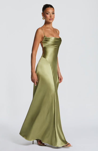 Women's olive green wren cowl maxi dress, styled view