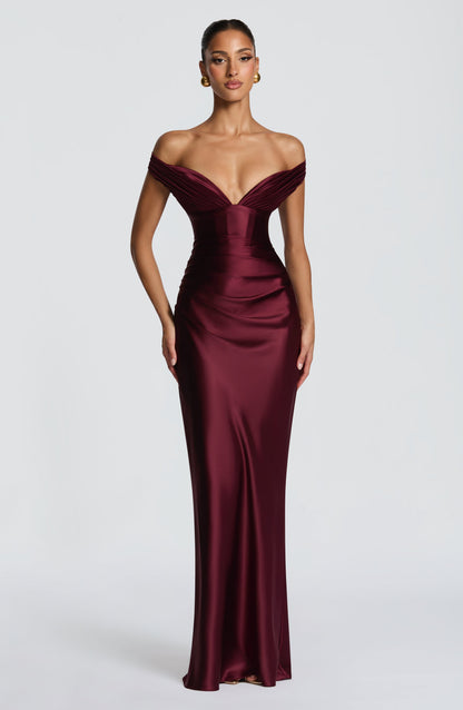 Women's red eloise pleated maxi dress, front view
