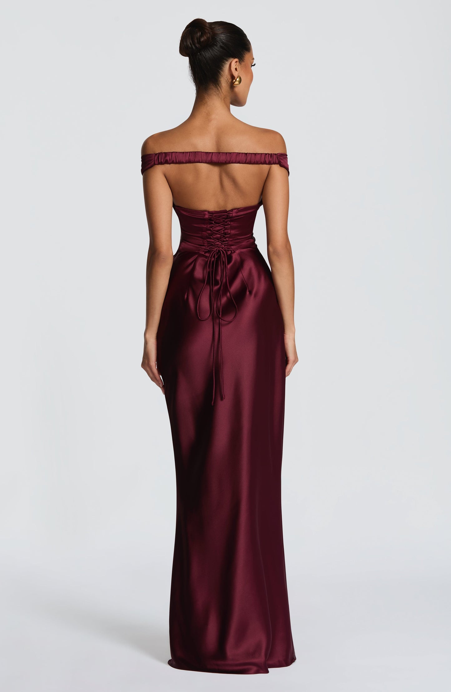 Women's red eloise pleated maxi dress, back view