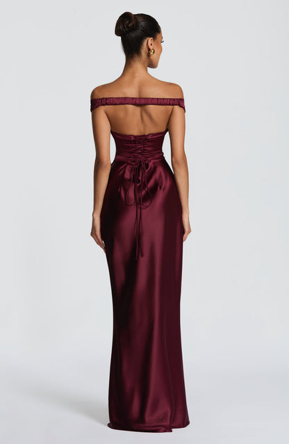 Women's red eloise pleated maxi dress, back view