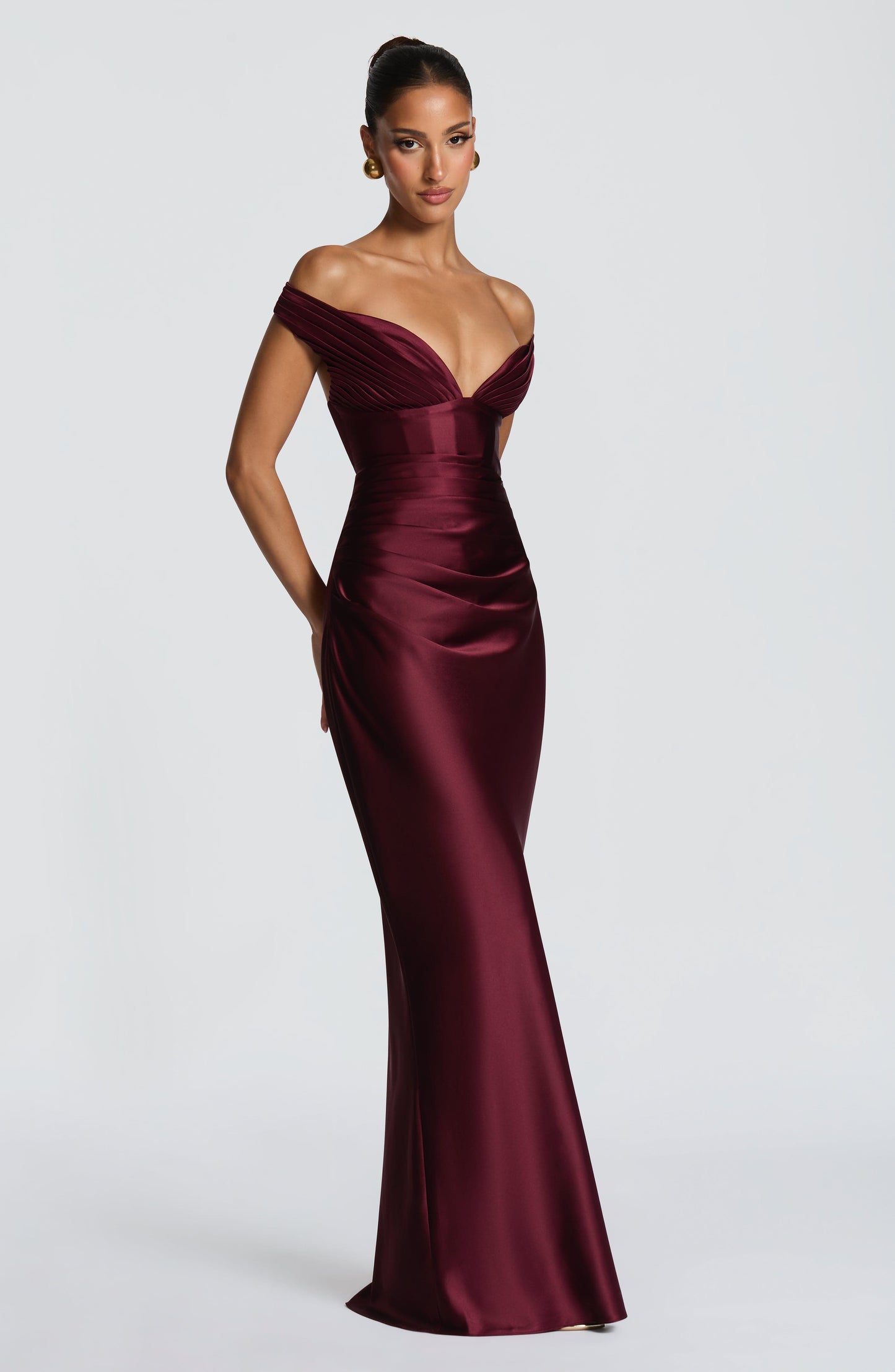 Women's red eloise pleated maxi dress, side view