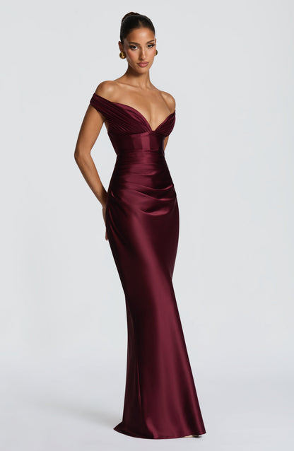 Women's red eloise pleated maxi dress, side view