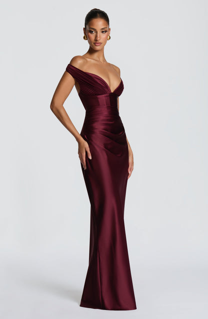 Women's red eloise pleated maxi dress, detail view
