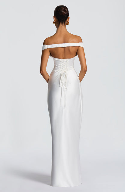 Women's ivory eloise pleated maxi dress, back view