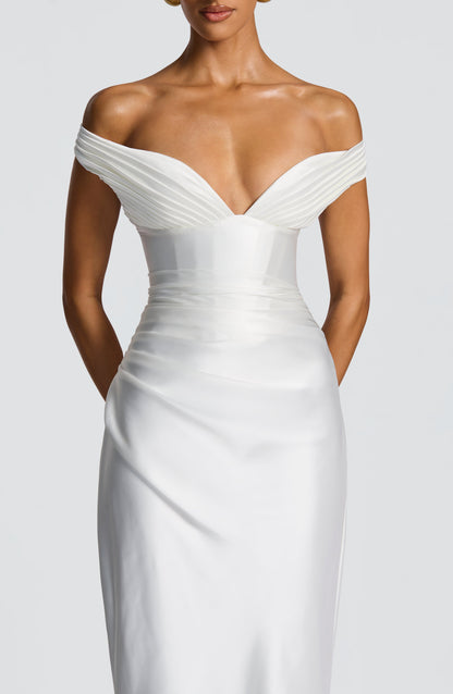 Women's ivory eloise pleated maxi dress, side view