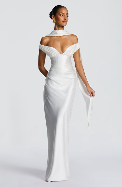 Women's ivory eloise pleated maxi dress, detail view