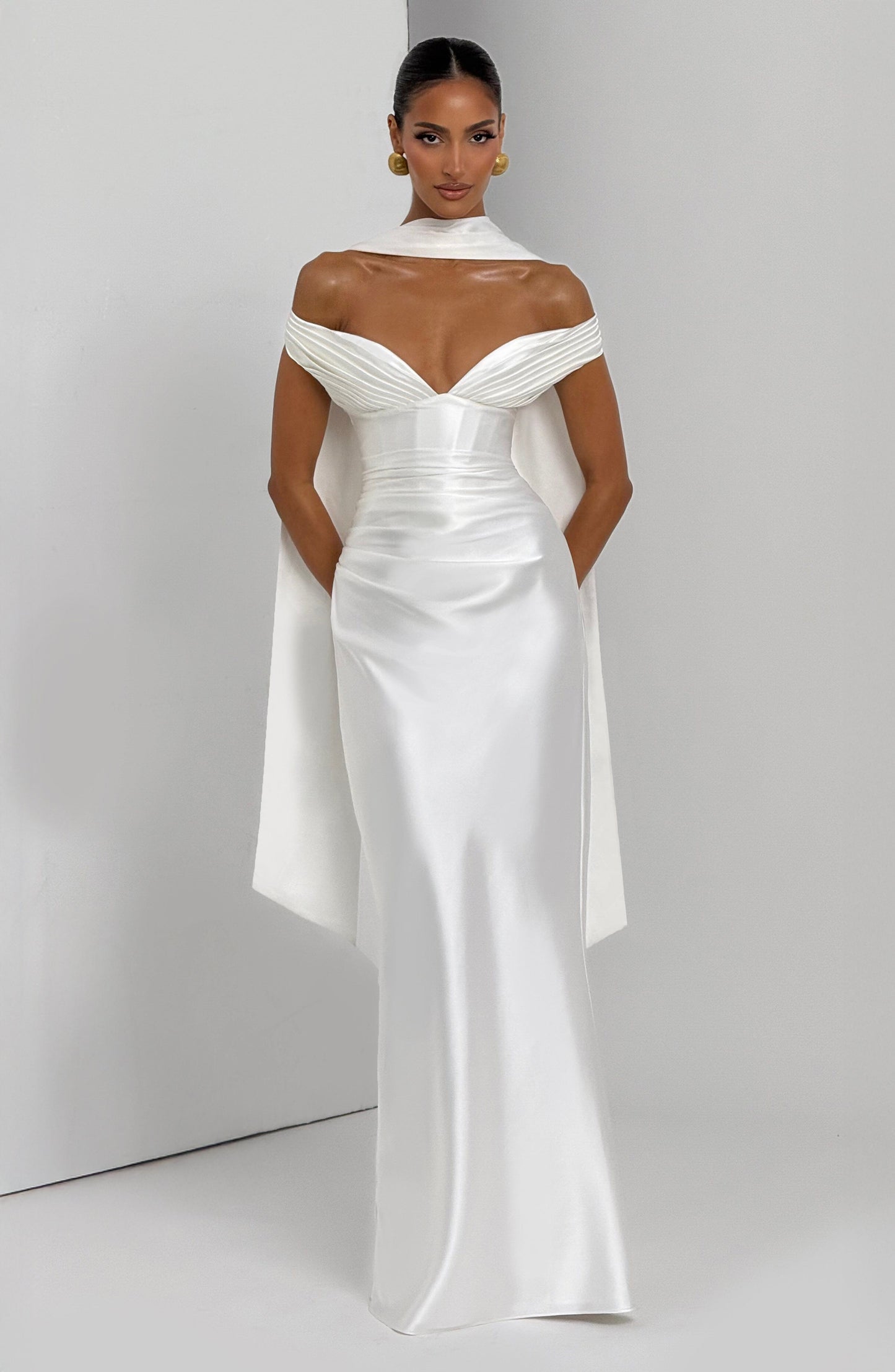 Women's ivory eloise pleated maxi dress, styled view