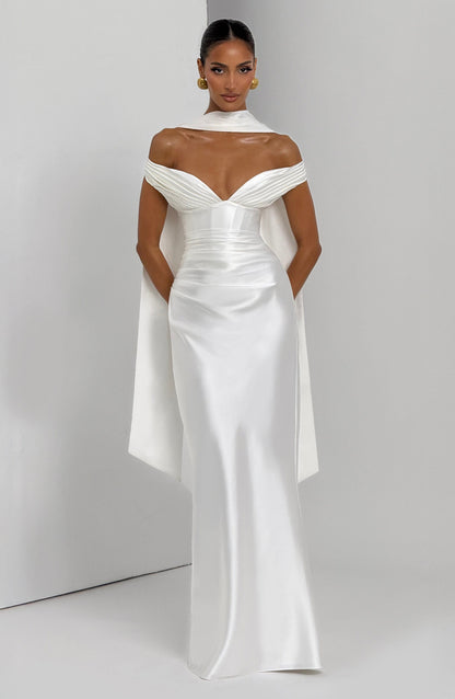 Women's ivory eloise pleated maxi dress, styled view