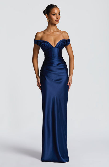 Women's navy eloise pleated maxi dress, front view