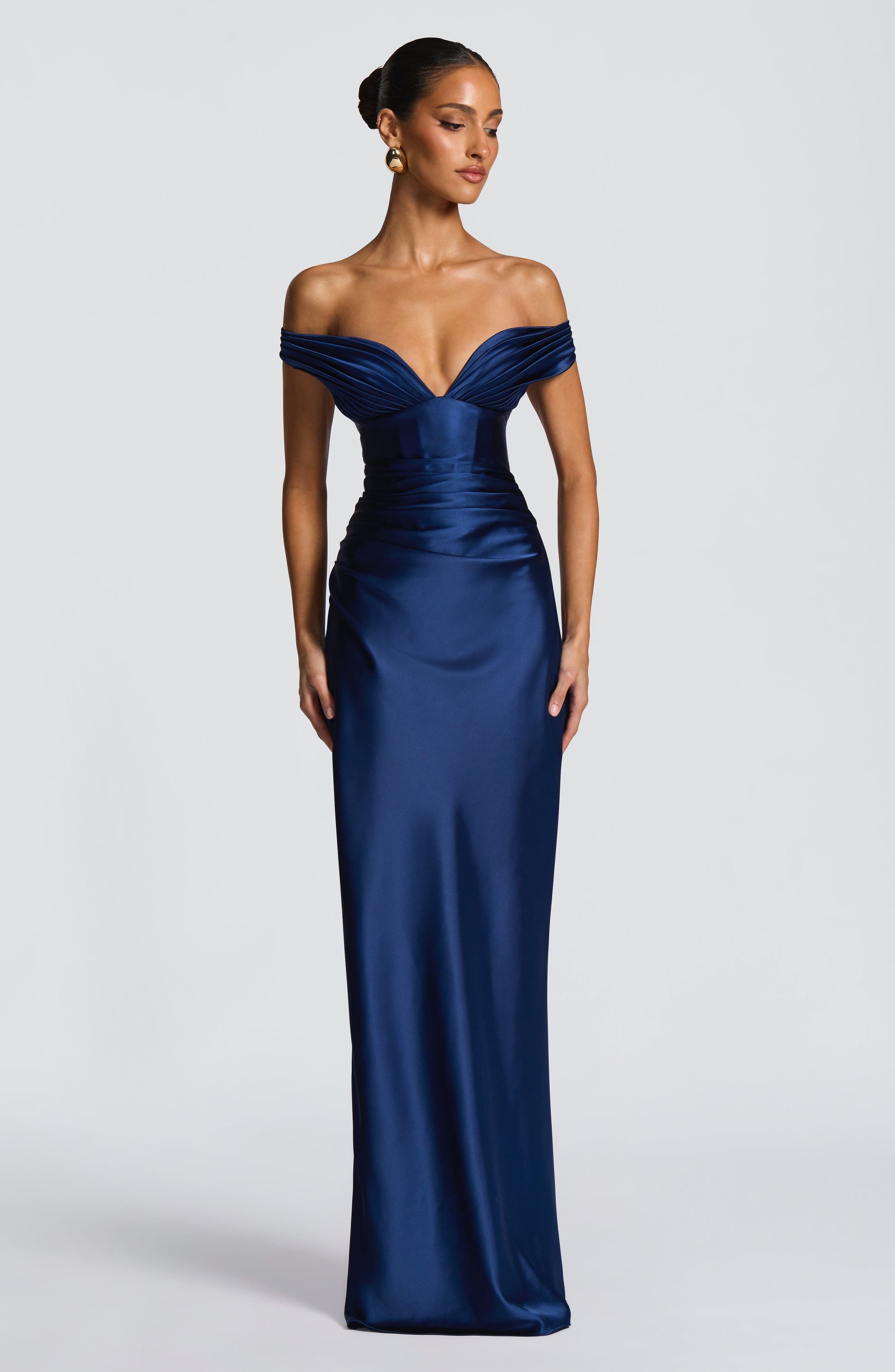Women's navy eloise pleated maxi dress, full length view